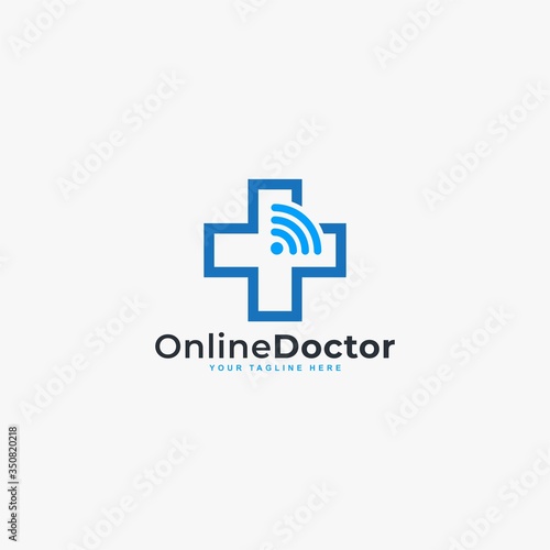 Doctor online virtual services logo design vector. Consultation to doctors via digital remote illustration symbol. Telemedicine service vector logo.