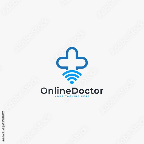 Doctor online virtual services logo design vector. Consultation to doctors via digital remote illustration symbol. Telemedicine service vector logo.