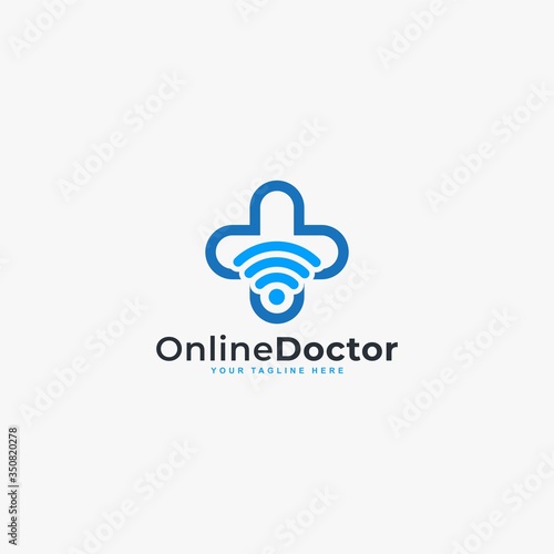Doctor online virtual services logo design vector. Consultation to doctors via digital remote illustration symbol. Telemedicine service vector logo.