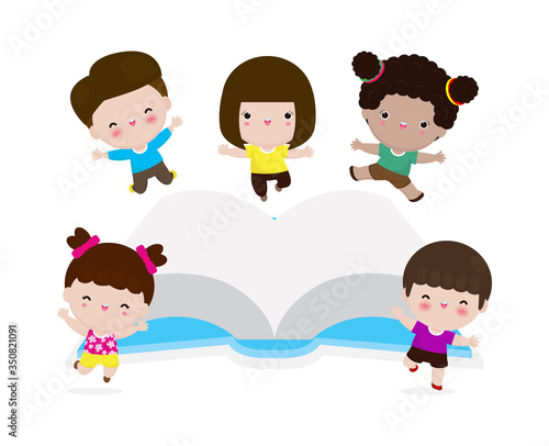 Happy cute kids jumping with book, children reading book, learning, Education Concept back to school isolated on white background Vector Illustration