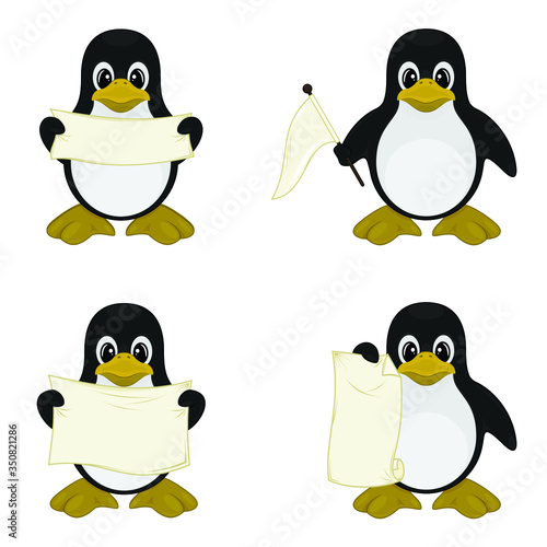 Vector design of four cute penguins holding signs, aesthetic cartoon, on a white background