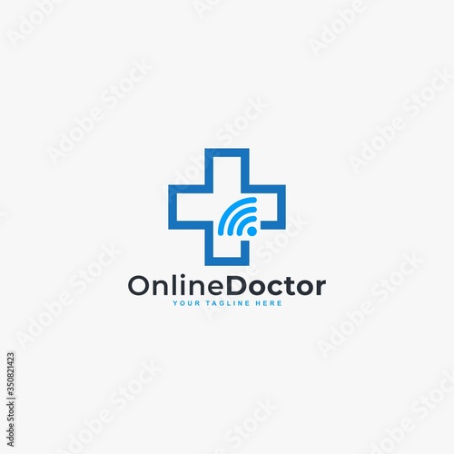 Doctor online virtual services logo design vector. Consultation to doctors via digital remote illustration symbol. Telemedicine service vector logo.