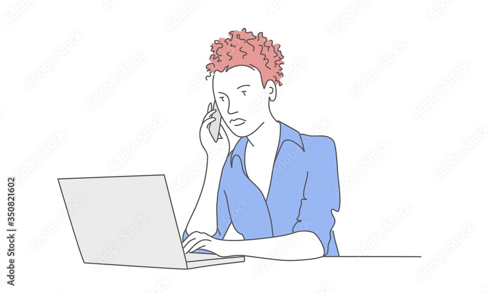 Young Woman Using Laptop and Talking on the Phone. Hand drawn vector illustration. Young Woman Using Laptop and Talking on the Phone. Hand drawn vector illustration.