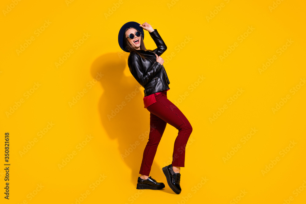 Full length body size view of her she nice-looking attractive lovely pretty cheerful cheery straight-haired girl dancing having fun rest isolated on bright vivid shine vibrant yellow color background