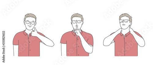 Young man doing thumbs up. Man asking silence. Businessman thinks, massaging his neck. Hand drawn vector illustration.