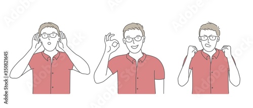 Man showing okay gesture. Say more loudly. Angry aggressive man shouting out loud with ferocious expression. Hand drawn vector illustration.