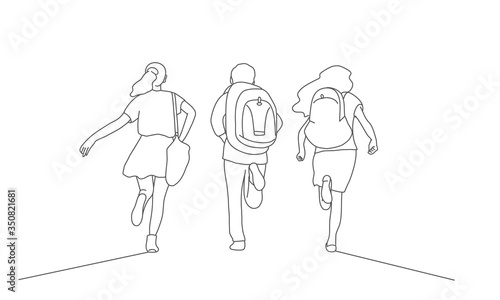 School kids with backpack run to school. Rear View. Line drawing vector illustration.