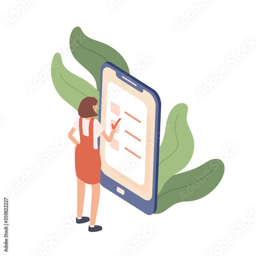 Colorful woman standing near giant device putting mark at planning app vector isometric illustration. Female with checklist application isolated on white. Girl choosing answer during testing
