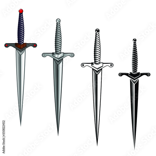 Vector design of four daggers in different styles fullcolor, grayscale, black photo