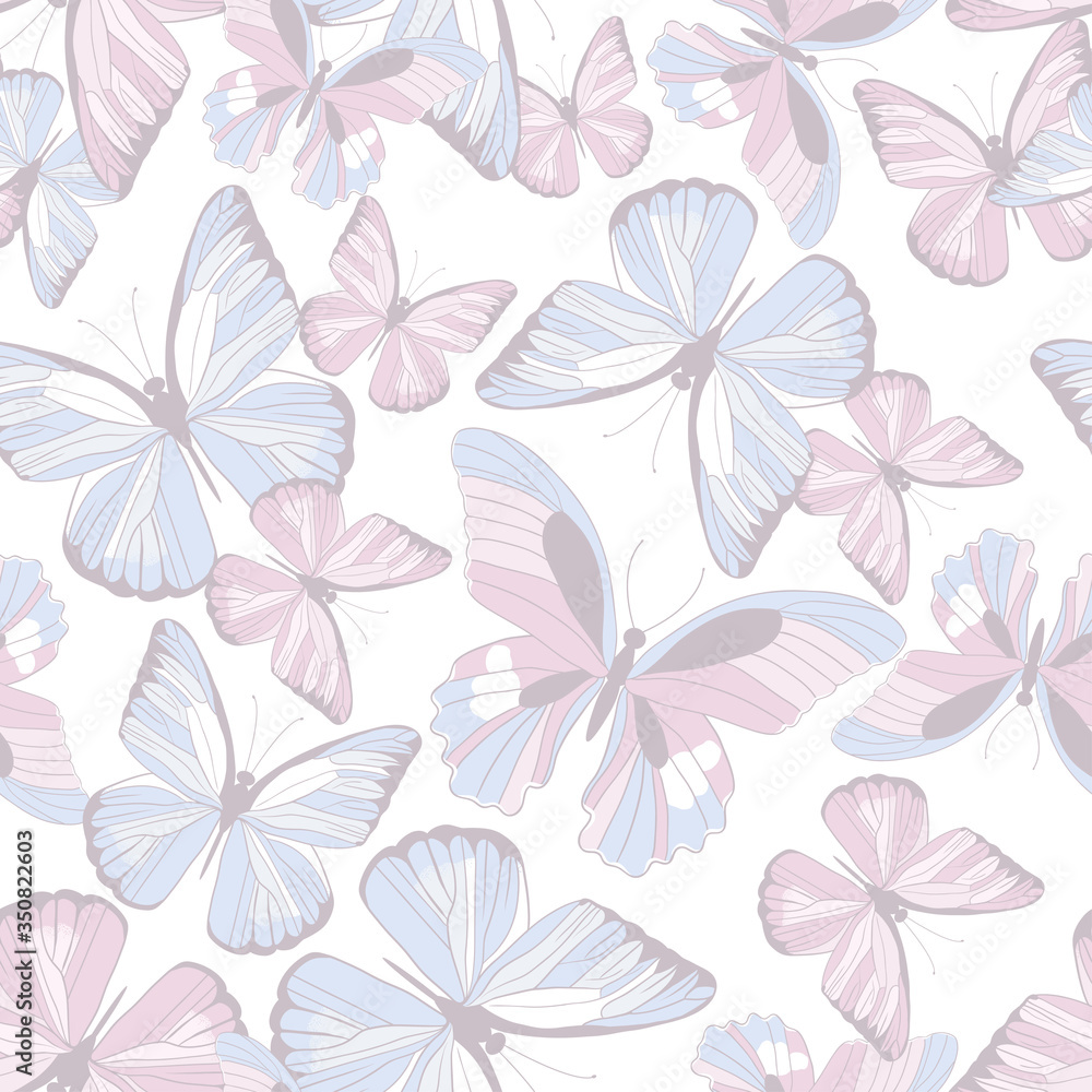 . Delicate seamless pattern with butterflies in pastel colors on a white background. Hand drawn vector design.