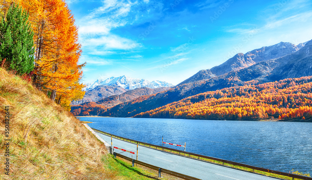 Fantastic autumn scene on  Sils Lake (Silsersee) and asphalt road in the front.