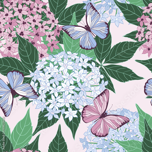 .Ornamental onion and butterflies. Hand drawn vector seamless pattern in pastel colors. Floral design.