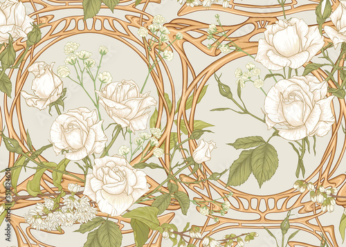 Vintage roses in a decorative imitation of a wicker basket made of twigs seamless pattern, background in art nouveau style, old, retro style. Colored vector illustration