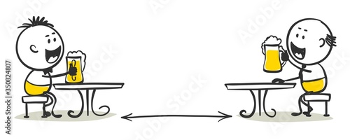 Social distance in a cafe. Funny little men drink beer at tables at a distance from each other, vector illustration.	