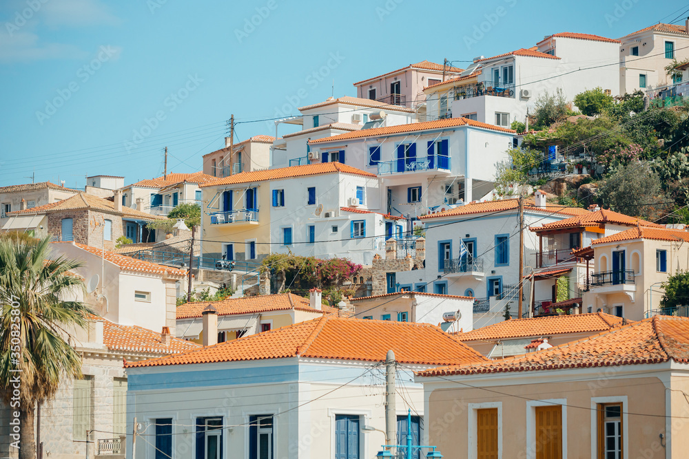 white houses with white walls on an island in Greece, Ionian Sea, Hydra island