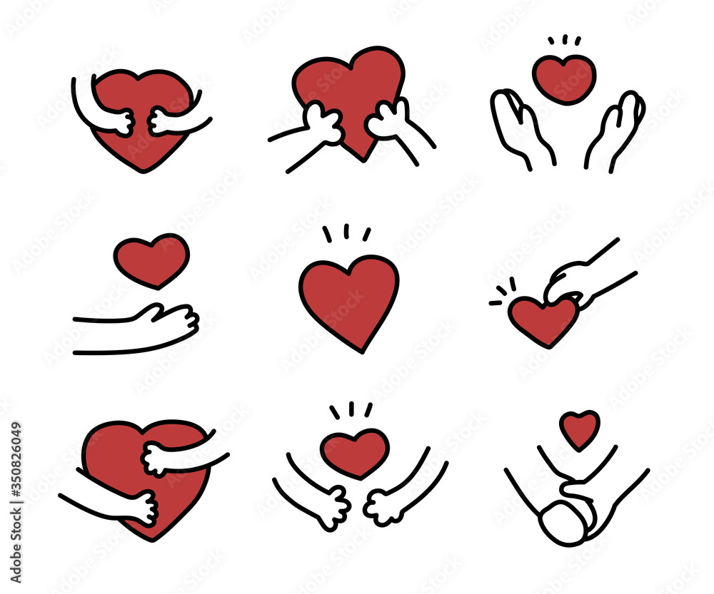 ハートと手のアイコンのセット／イラスト／やさしさ