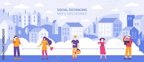 Group of people in protective medical face masks keeps a safe social distance. Men and women in the city observe security during the pandemic. Protection and prevention from viruses and infections