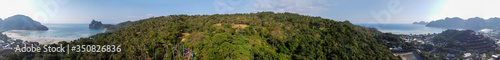 Phi Phi Islands Beach. Loh Lana Bay panoramic aerial view on a winter sunset