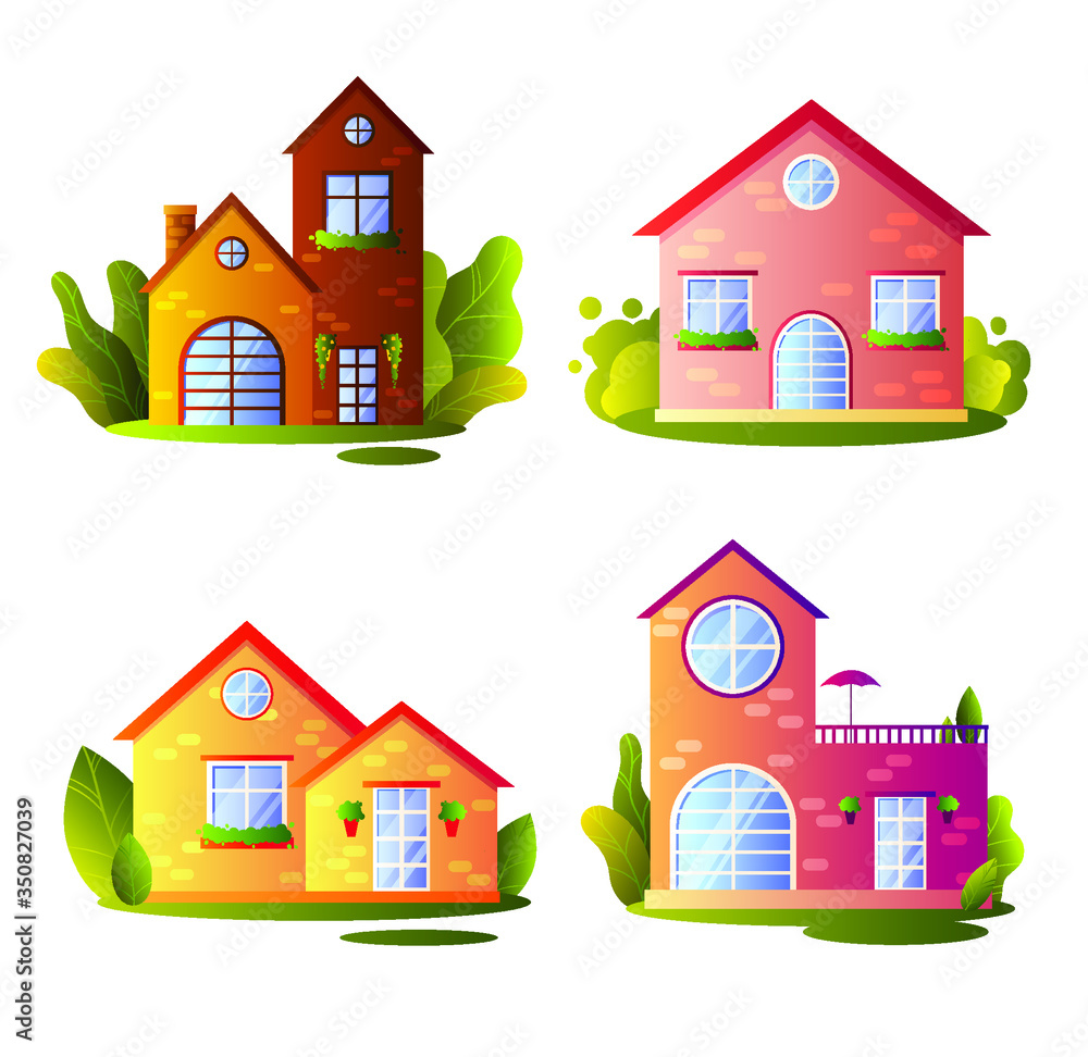 Set of Village houses in cartoon style. Vector stock flat illustration.