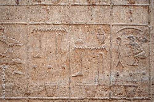 Hieroglyphic carvings on an ancient egyptian temple wall