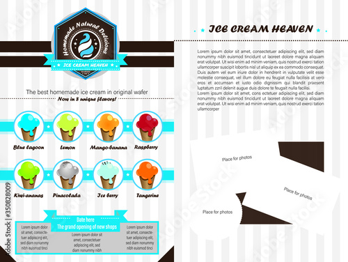 Ice cream striped leaflet, flyer of new opened shops in town, generic logo, mockup with place for text. Vector Illustration. Sweet dessert set. 6 flavors of ice cream ad. EPS10