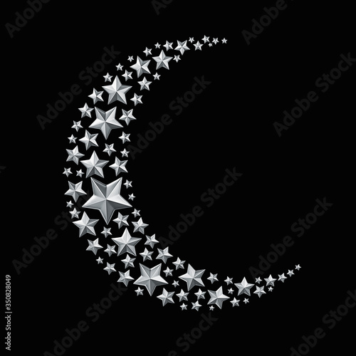 Silver stars in the shape of a crescent moon isolated on black photo