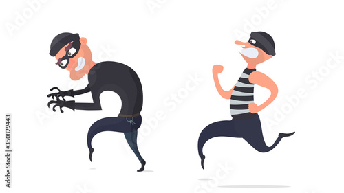 A set of criminals. Burglar escapes with a credit card. Cartoon style illustration. Good for security, robbery and fraud. Isolated. Vector.