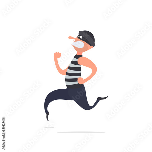 The robber runs away. The criminal is running. Cartoon style illustration. Good for the topic of security, robbery, scam and fraud. Isolated. Vector.