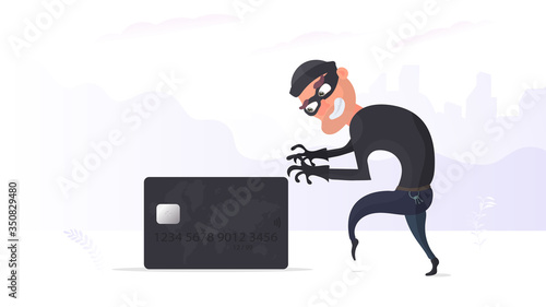 The robber steals a bank card. The thief is trying to steal a bank card. Good for the topic of security, robbery, scam and fraud. Vector.