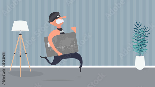 The robber runs away with a credit card. The criminal is running with a bank card. Cartoon style illustration. Good for security, robbery and fraud topics. Vector.