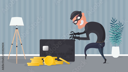 The robber steals a bank card. The thief is trying to steal a bank card. Good for the topic of security, robbery, scam and fraud. Vector.