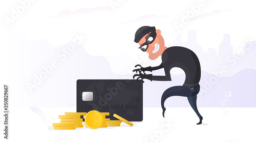 The robber steals a bank card. The thief is trying to steal a bank card. Good for the topic of security, robbery, scam and fraud. Vector.