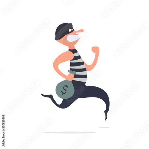 The robber runs away with a bag of money. The criminal is running with money. Cartoon style illustration. Good for security, robbery and fraud. Isolated. Vector.