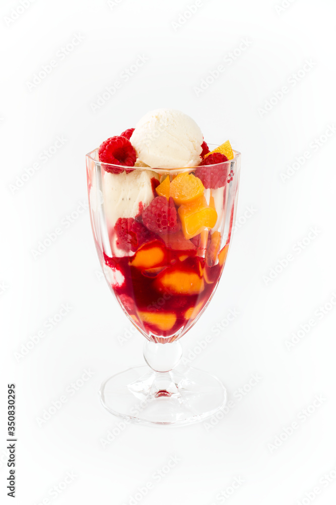 Vanilla Ice Cream with Peaches, Raspberries and Raspberry Sauce Vanilla Ice Cream with Peaches, Raspberries and Raspberry Sauce