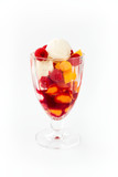 Vanilla Ice Cream with Peaches, Raspberries and Raspberry Sauce