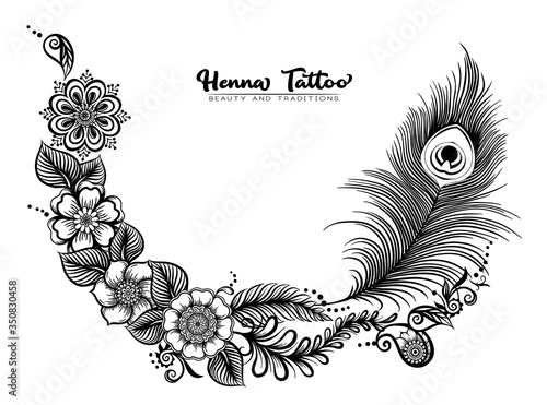 Template design with traditional indian henna tattoo with peacock feather. Template for wedding invitation, greeting card, banner, gift voucher, label. Outline vector illustration..