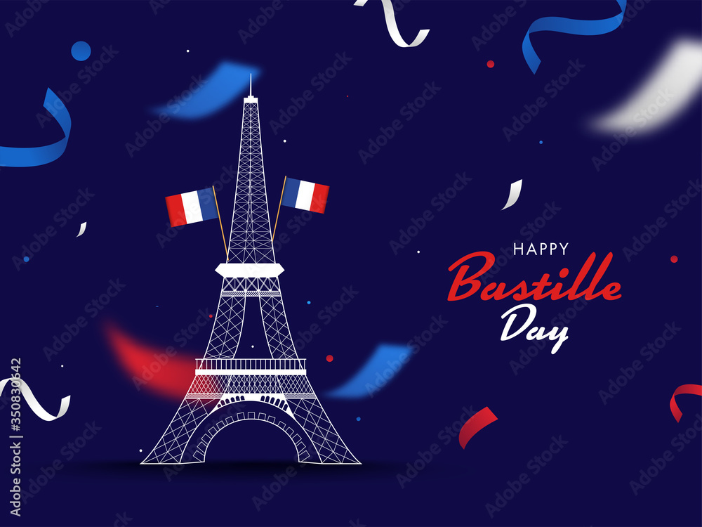 Happy Bastille Day Font with Eiffel Tower Monument and France Flags on Purple Background Decorated with Confetti.