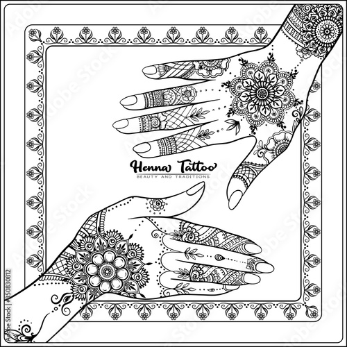 Female hands with traditional indian henna tattoo. Template for tottoo salon banner, wedding invitation, gift voucher, label. Outline vector illustration.
