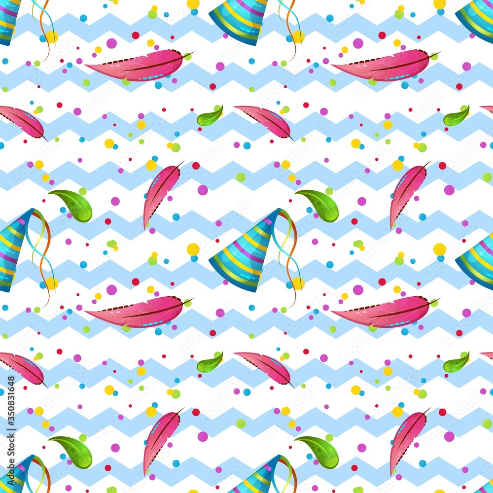 A seamless children pattern with flamingo feathers and festive caps and confetti. background zigzag. Vector print for wallpaper, wrapping paper and textiles A seamless children pattern with flamingo feathers and festive caps and confetti. background zigzag. Vector print for wallpaper, wrapping paper and textiles