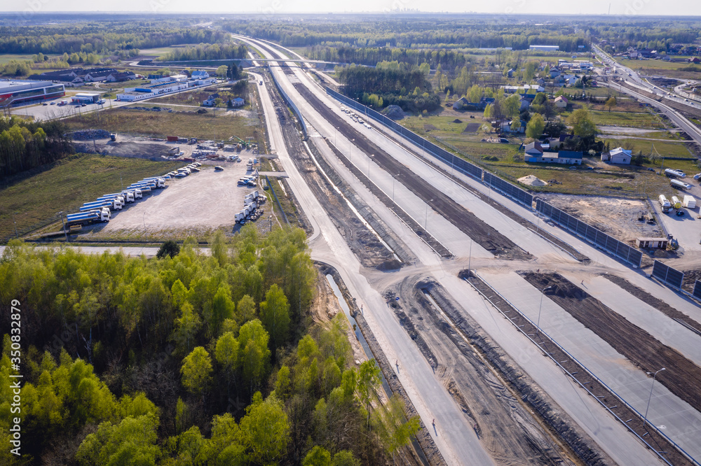 Aerial view of building site of Autostrada A2 highway in Stary Konik village near Warsaw city, Poland