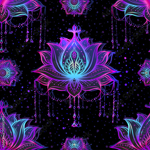 Seamless pattern with ornate Lotus flower. Ayurveda symbol of harmony and balance and universe. Boho print, poster, t-shirt textile. Vector illustration in neon, fluorescent colors..