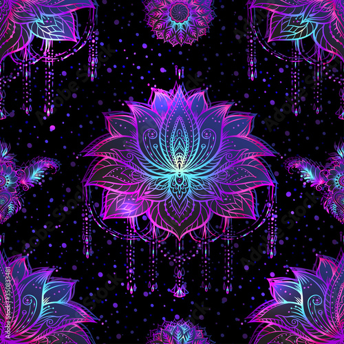 Seamless pattern with ornate Lotus flower. Ayurveda symbol of harmony and balance and universe. Boho print, poster, t-shirt textile. Vector illustration in neon, fluorescent colors..