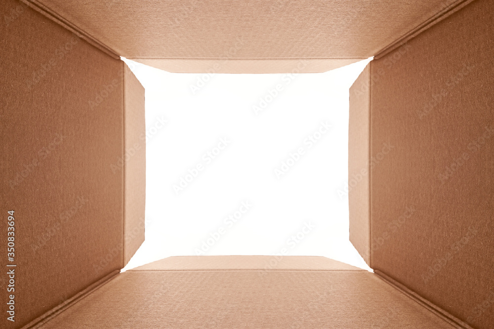Pudełko kartonowe widok przez środek na białe tlo - obrazy, fototapety, plakaty 