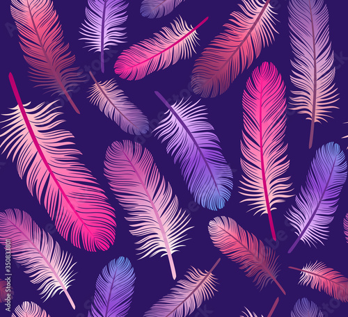 Pattern with multicolored feathers on a purple background. Suitable for curtains, wallpaper, fabrics, wrapping paper.