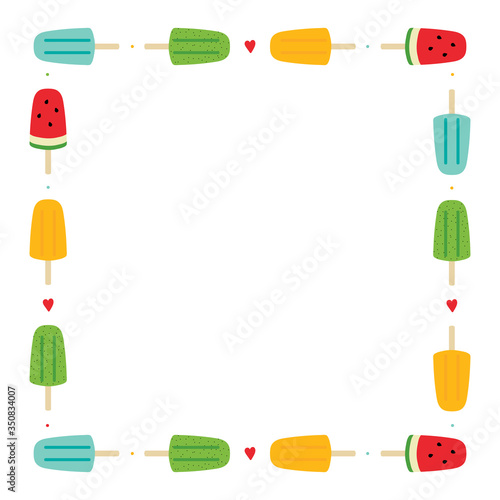 Square vector frame, card template with cartoon style colorful ice cream, popsicles.