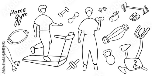 Sport set. Icons of sports equipment and training people. Workout at home, sport exercises at home. Hand drawn vector graphic