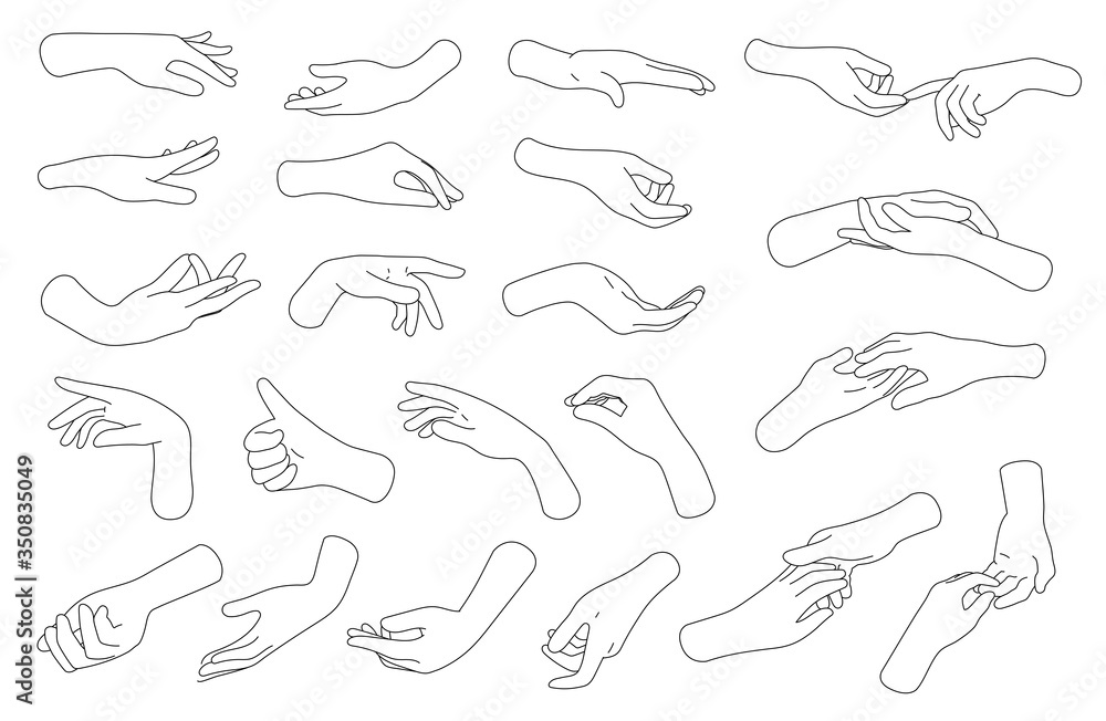 Collection of hands and fingers vector illustration. Line of hand gestures. Logo and graphic design arms on white background. Collection of hands and fingers vector illustration. Line of hand gestures. Logo and graphic design arms on white background.