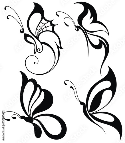 Silhouettes of butterflies. Black pictures of funny butterflies.