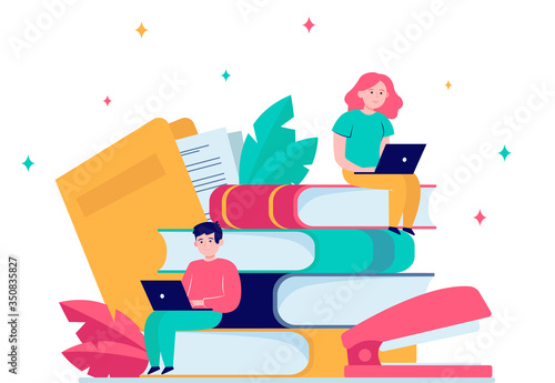 Focused people studying in online school flat vector illustration. Young tiny boy and girl sitting with laptops on big stack of books. Distance education and knowledge concept