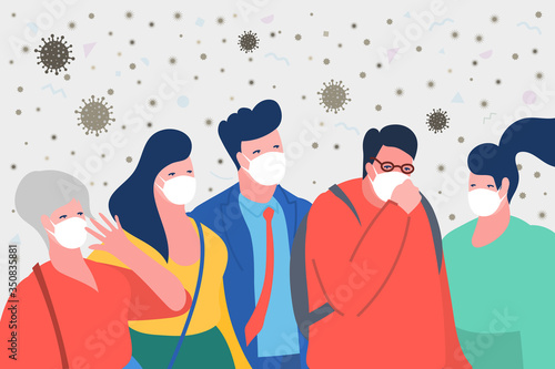 Concept of keep distance. Man coughing in a crowd. Sad people wearing protective face masks. Stop 2019-nCoV Novel Corona virus.